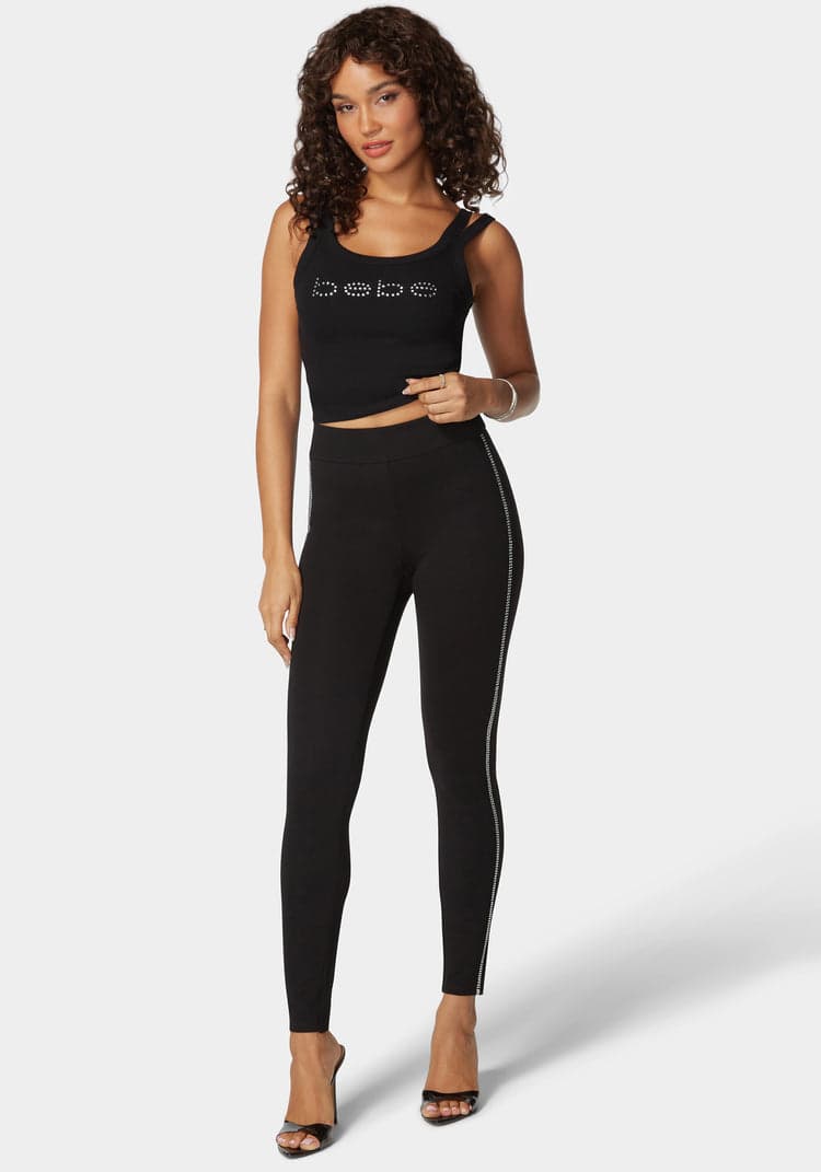 Bebe High Waist Rhinestone Detail Pdr Legging