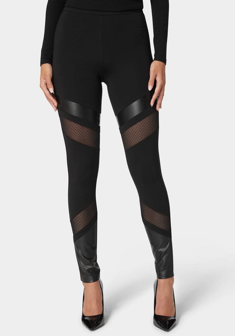 Bebe Natural Waist Swiss Dot & Vegan Leather Insert Pdr Legging
