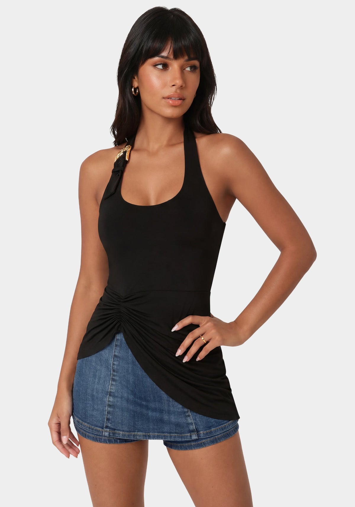 Bebe Gathered Tunic Halter Neck Knit Top