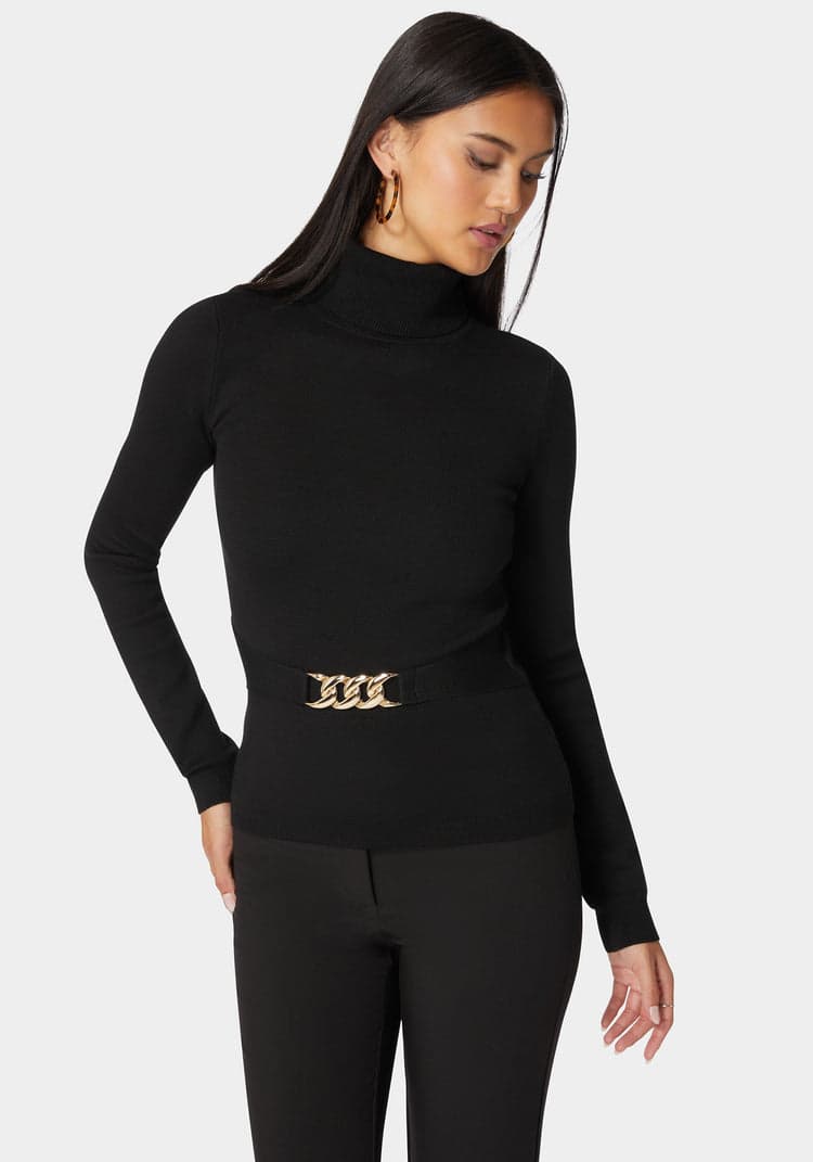 Bebe Fitted Turtle Neck Ornate Belt Sweater
