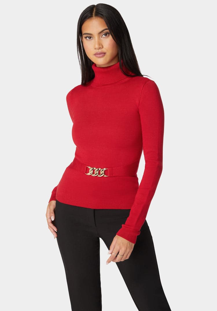Bebe Fitted Turtle Neck Ornate Belt Sweater