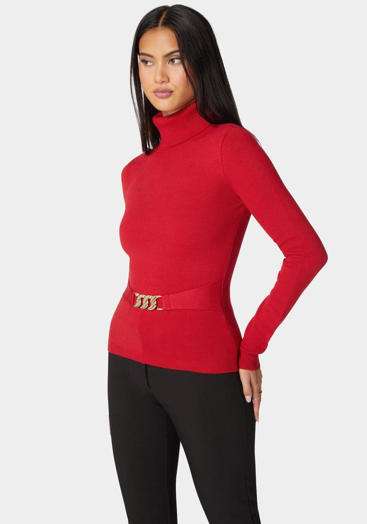 Bebe Fitted Turtle Neck Ornate Belt Sweater