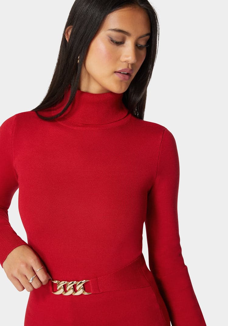 Bebe Fitted Turtle Neck Ornate Belt Sweater