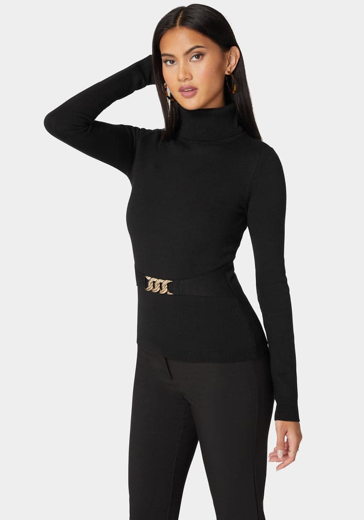 Bebe Fitted Turtle Neck Ornate Belt Sweater