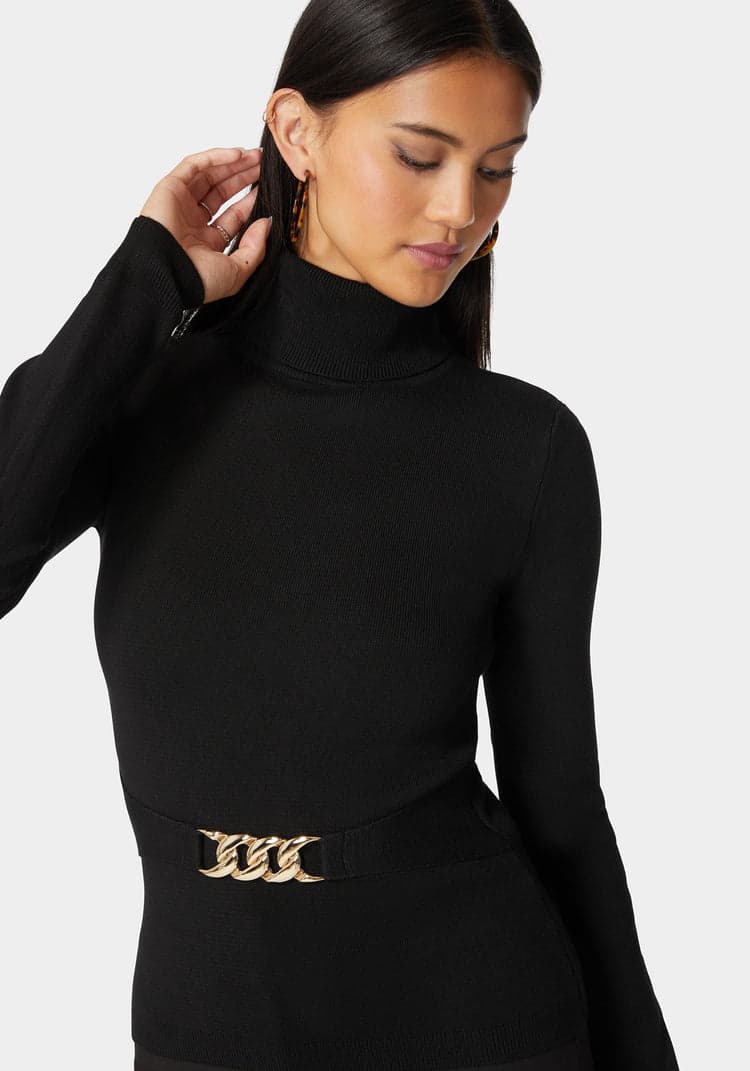 Bebe Fitted Turtle Neck Ornate Belt Sweater