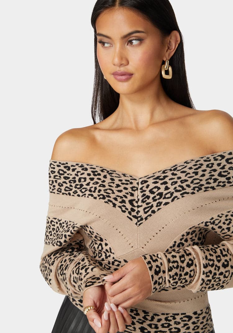 Bebe V Neck Dolman Sleeve Jacquard Knit Sweater
