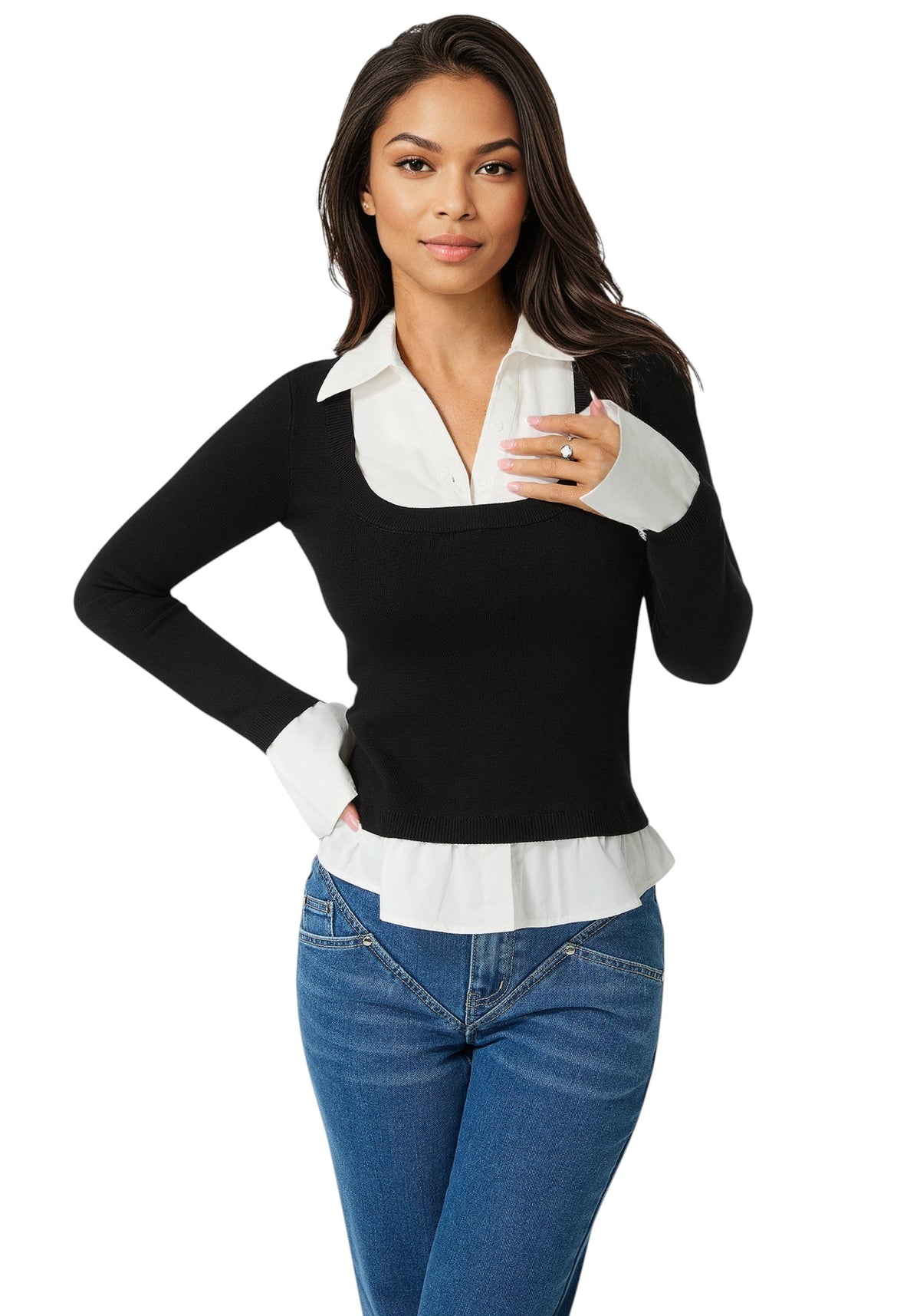 Bebe Poplin Combo Fooler Sweater