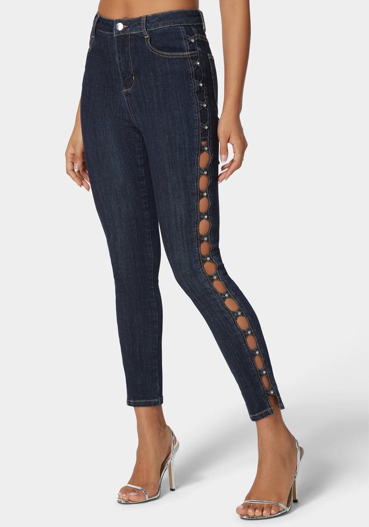 Bebe Natural Waist Stud Detail Skinny Leg Jeans