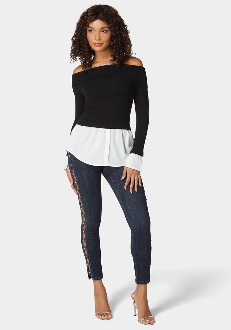 Bebe Natural Waist Stud Detail Skinny Leg Jeans