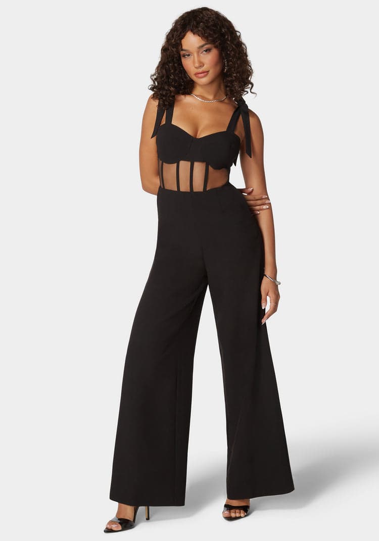 Bebe Self Tie Strap Corset Wide Leg Jumpsuit