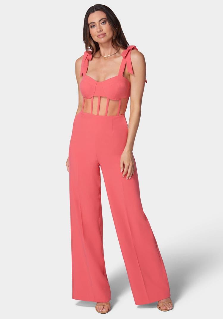 Bebe Self Tie Strap Corset Wide Leg Jumpsuit