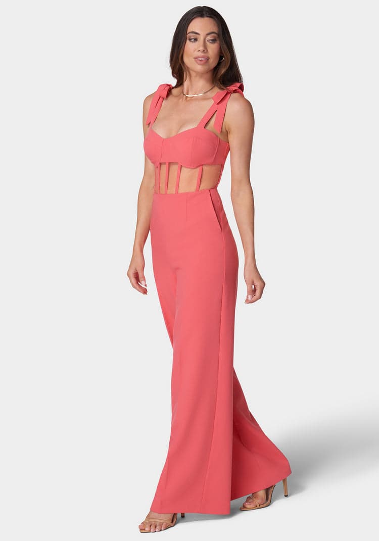 Bebe Self Tie Strap Corset Wide Leg Jumpsuit