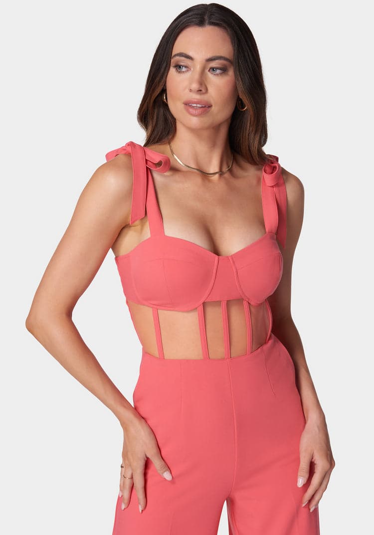 Bebe Self Tie Strap Corset Wide Leg Jumpsuit