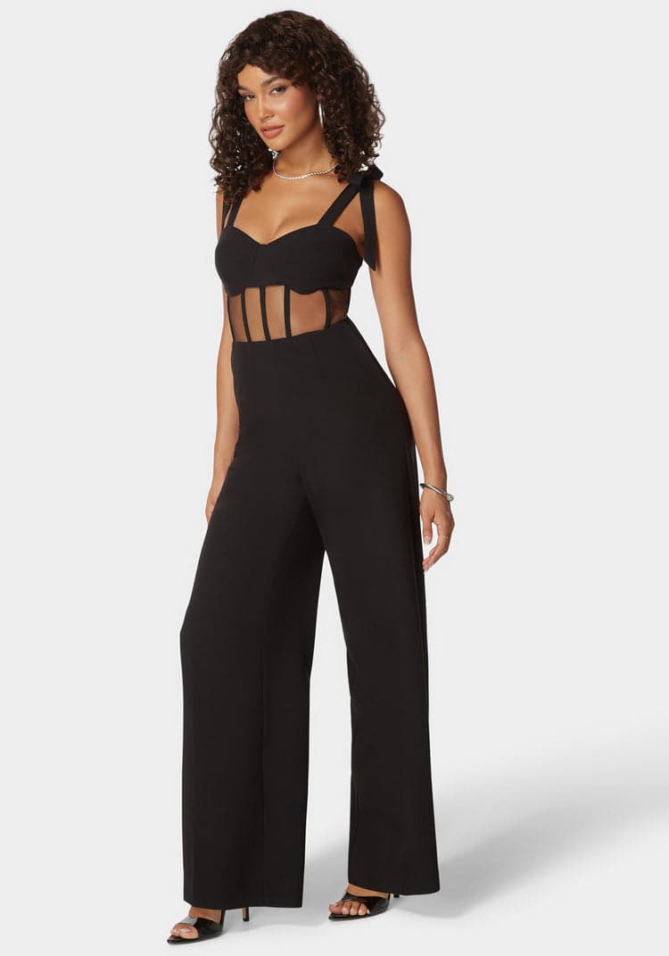 Bebe Self Tie Strap Corset Wide Leg Jumpsuit