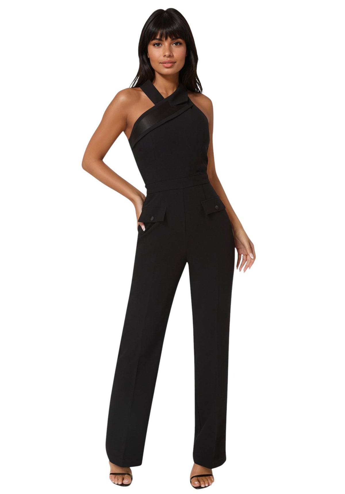 Bebe Tuxedo Straight Flared Leg Jumpsuit