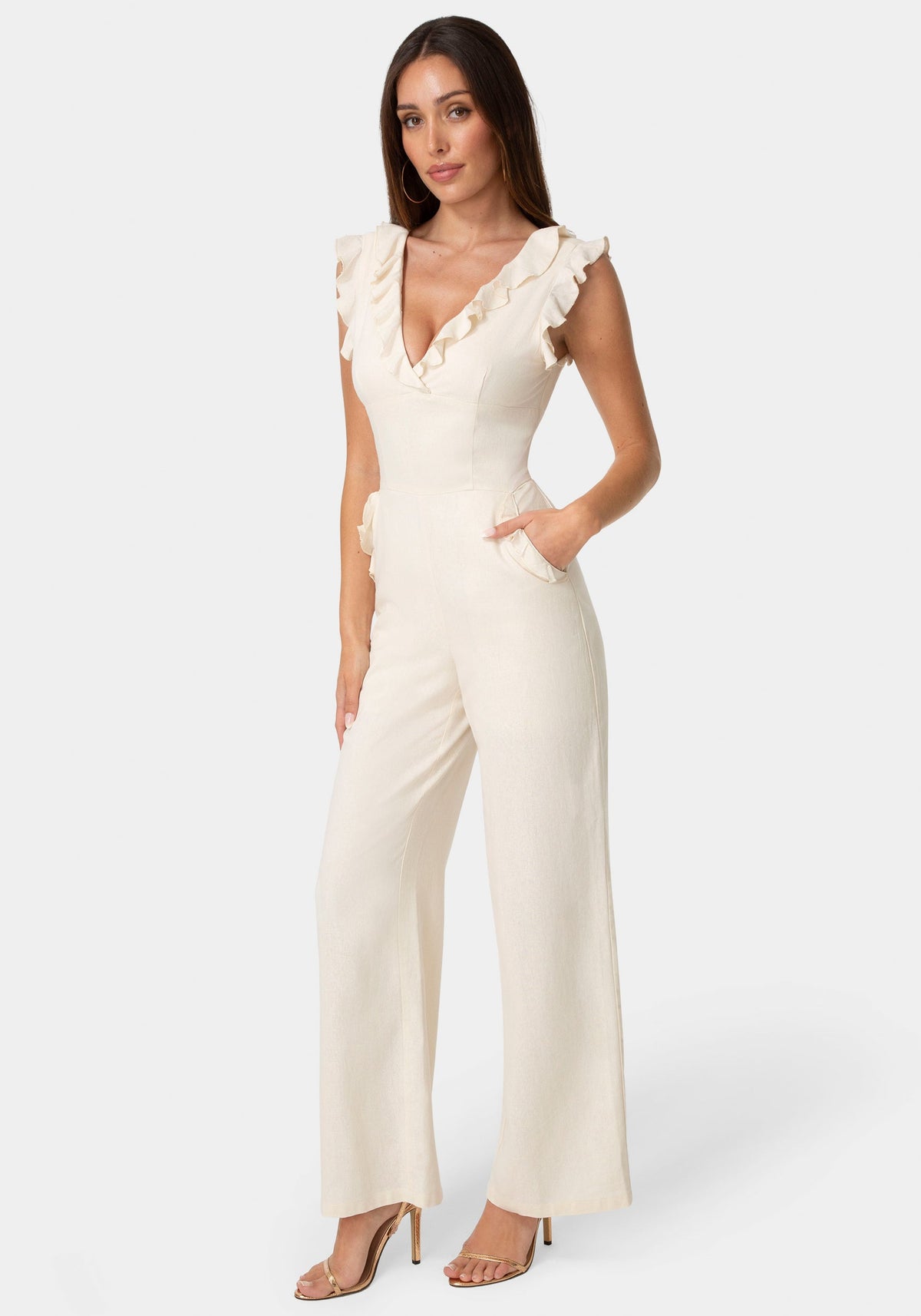 Bebe Linen Ruffled Palazzo-Leg Jumpsuit