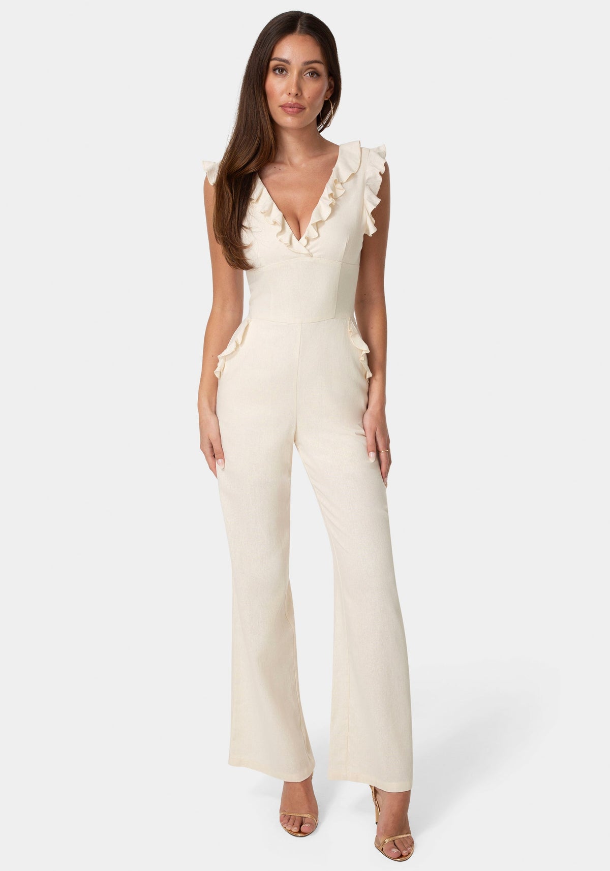 Bebe Linen Ruffled Palazzo-Leg Jumpsuit