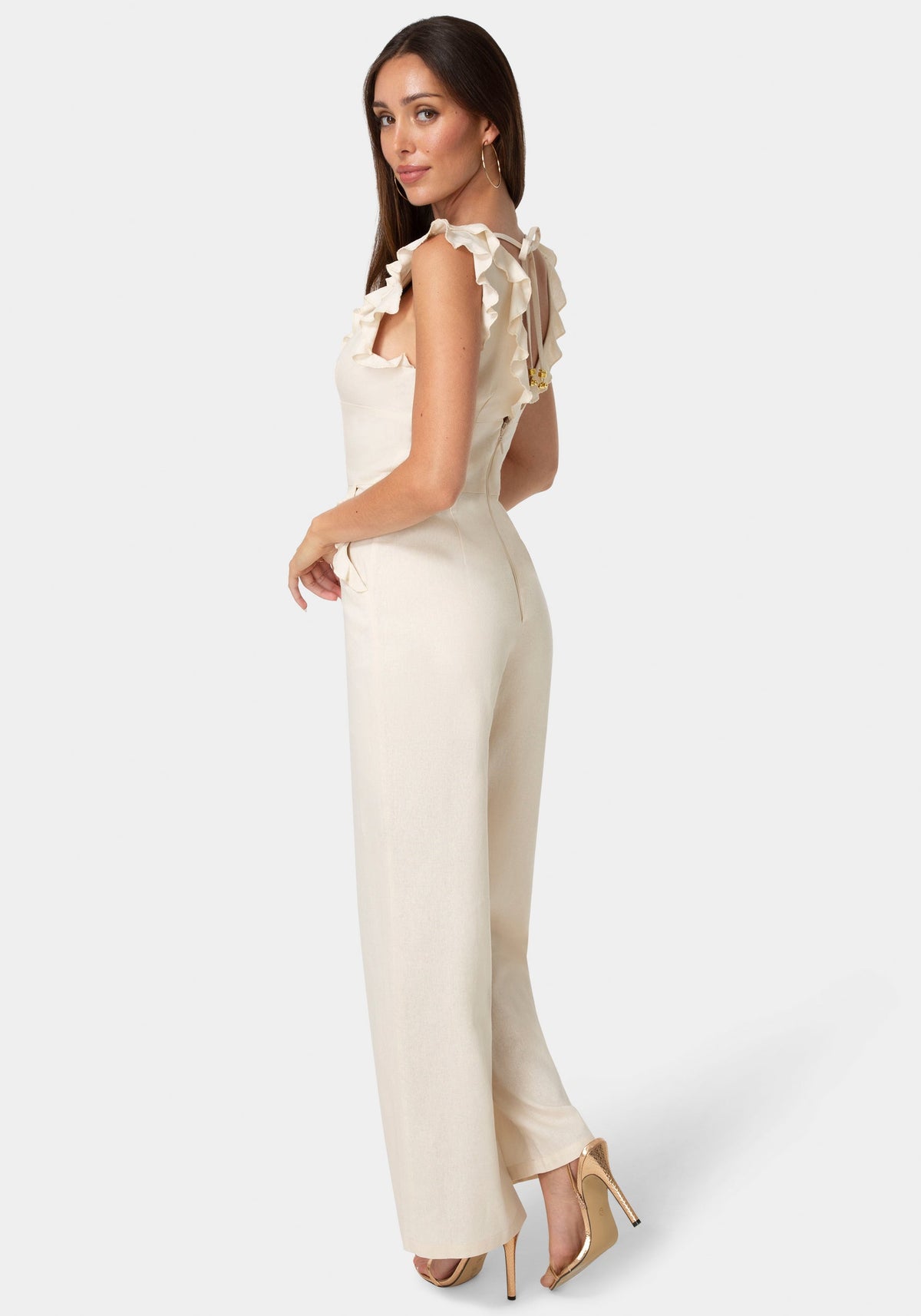 Bebe Linen Ruffled Palazzo-Leg Jumpsuit