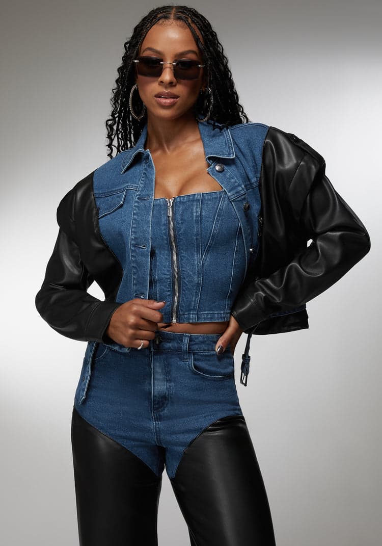 Bebe Vegan Leather Combo Denim Moto Jacket