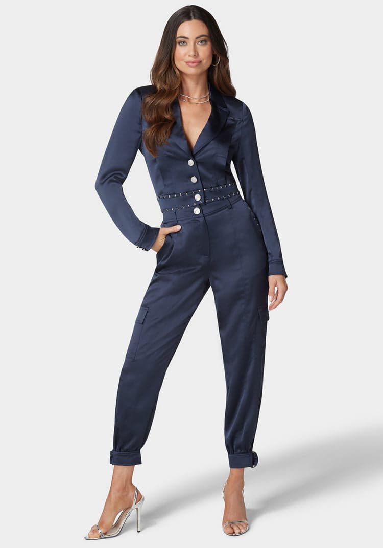 Bebe Natural Waist Stud Detail Satin Jogger Pant