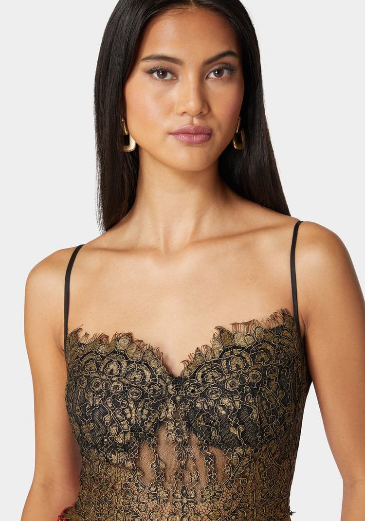 Bebe Metallic Foiled Scallop Edge Lace Corset