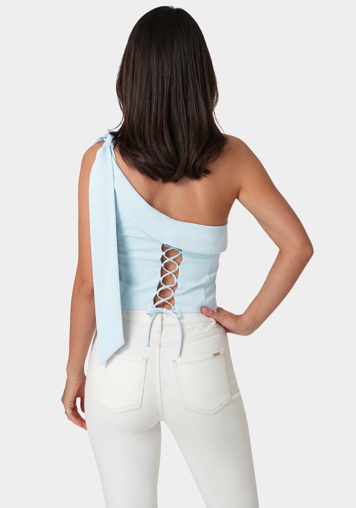 Bebe Asymmetrical Shoulder Tie Top