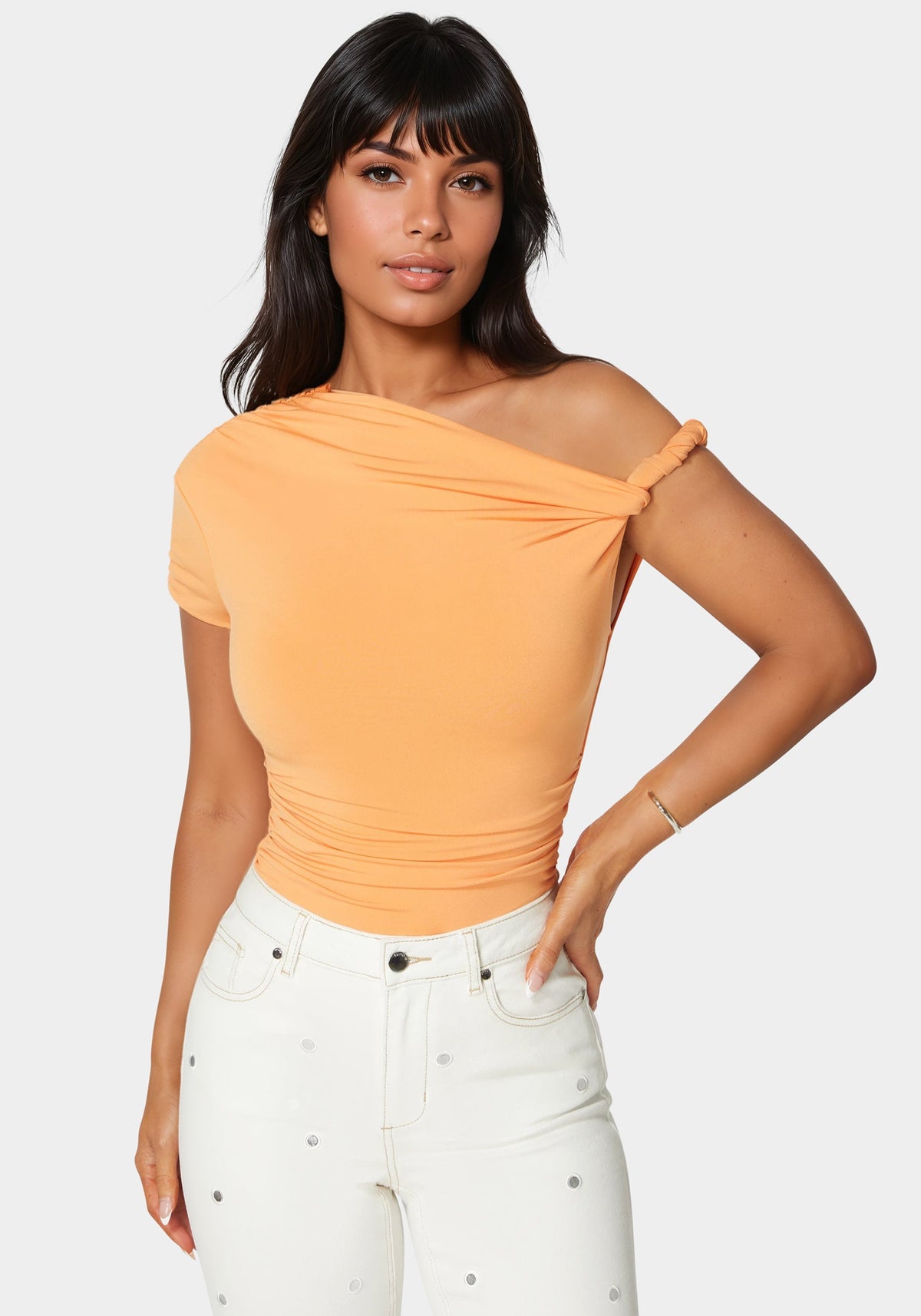 Bebe Asymmetrical Shoulder Ruched Bodysuit