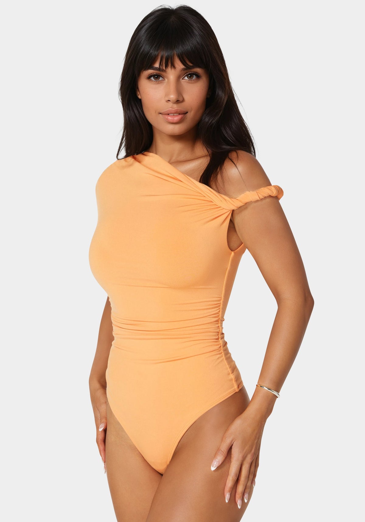 Bebe Asymmetrical Shoulder Ruched Bodysuit