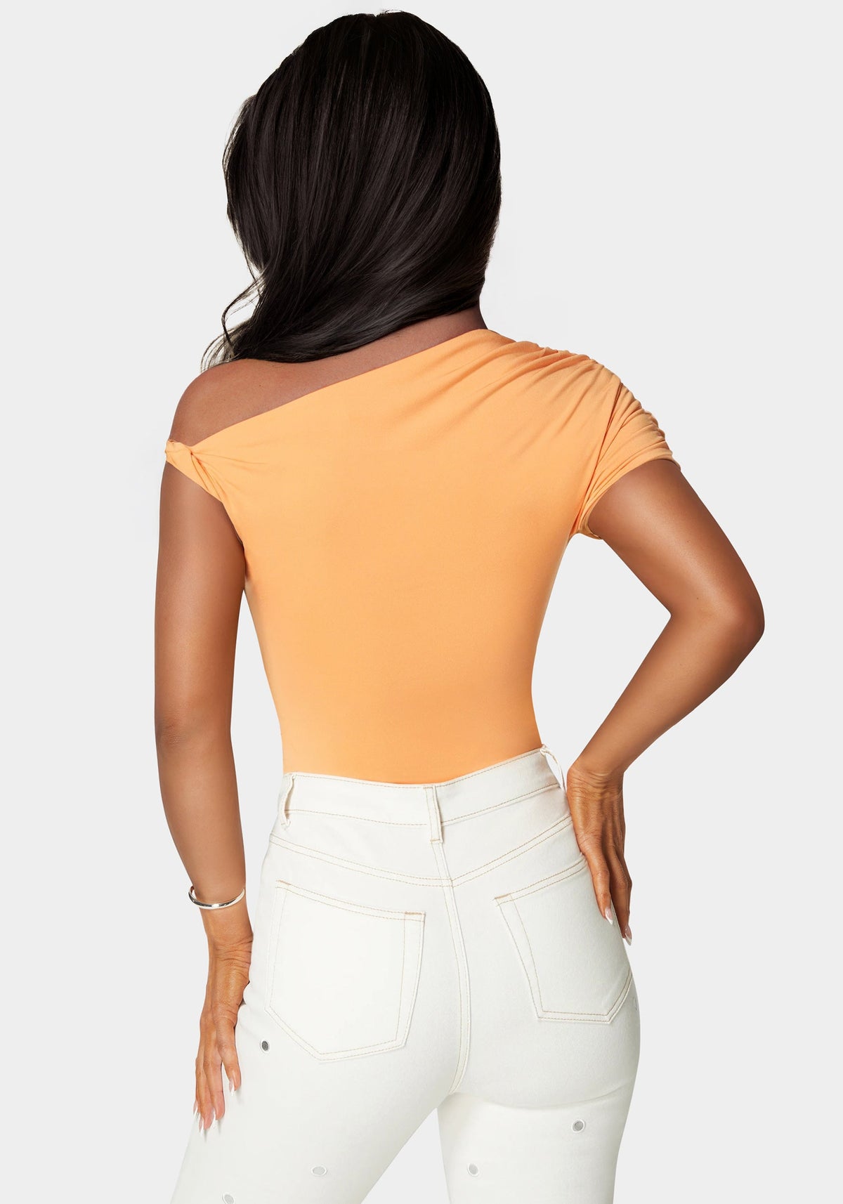 Bebe Asymmetrical Shoulder Ruched Bodysuit