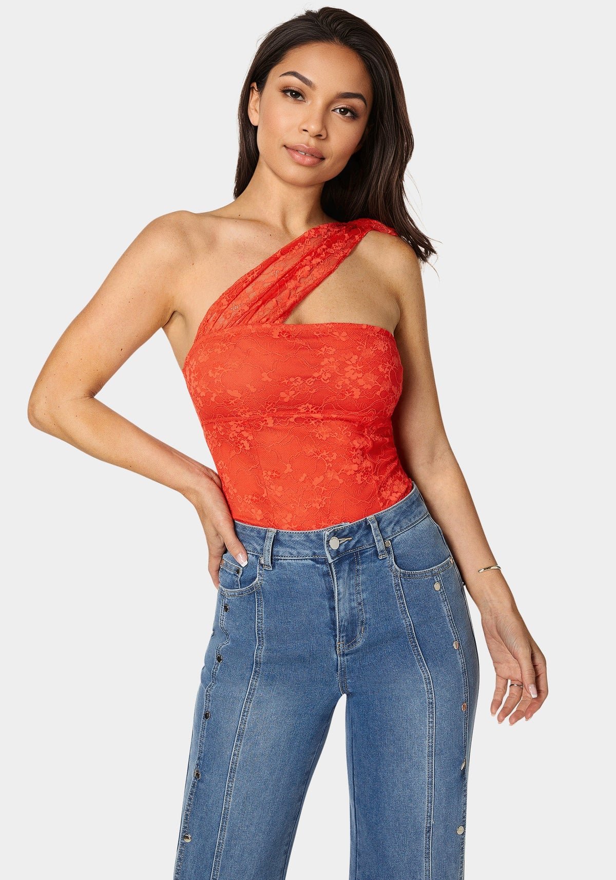 Bebe One-Shoulder Ruffle Lace Bodysuit