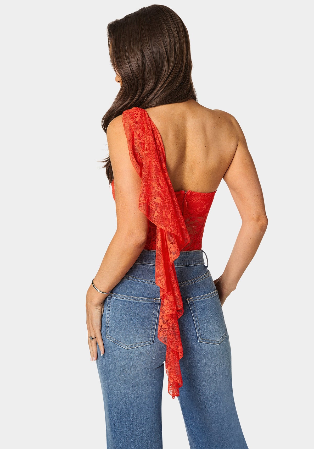 Bebe One-Shoulder Ruffle Lace Bodysuit