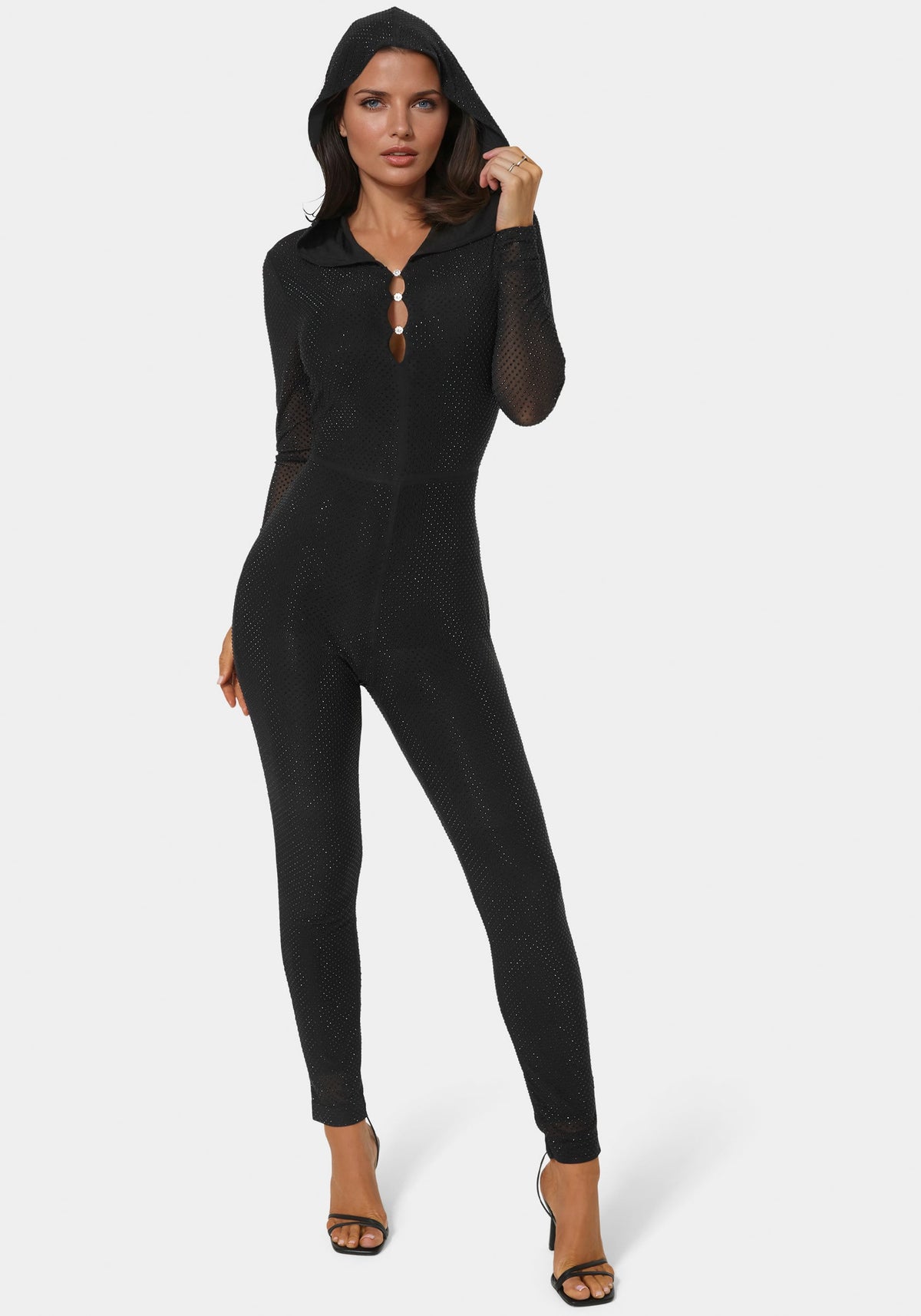 Bebe Rhinestone Hooded Catsuit