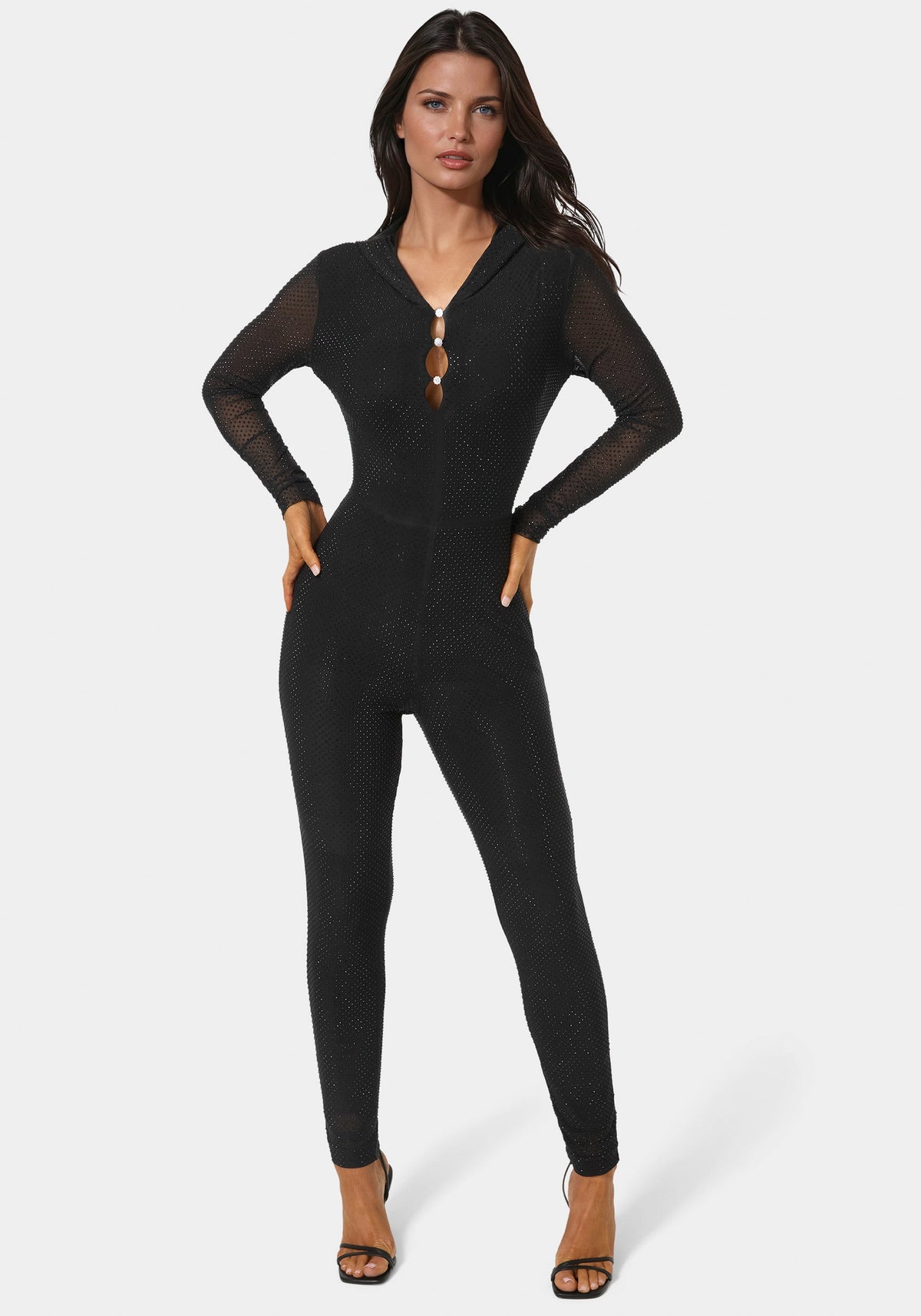 Bebe Rhinestone Hooded Catsuit