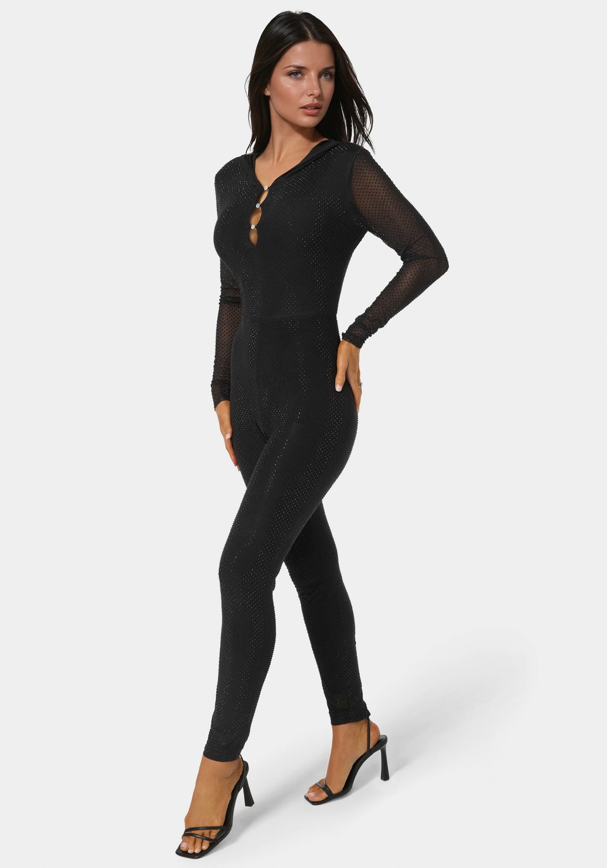Bebe Rhinestone Hooded Catsuit