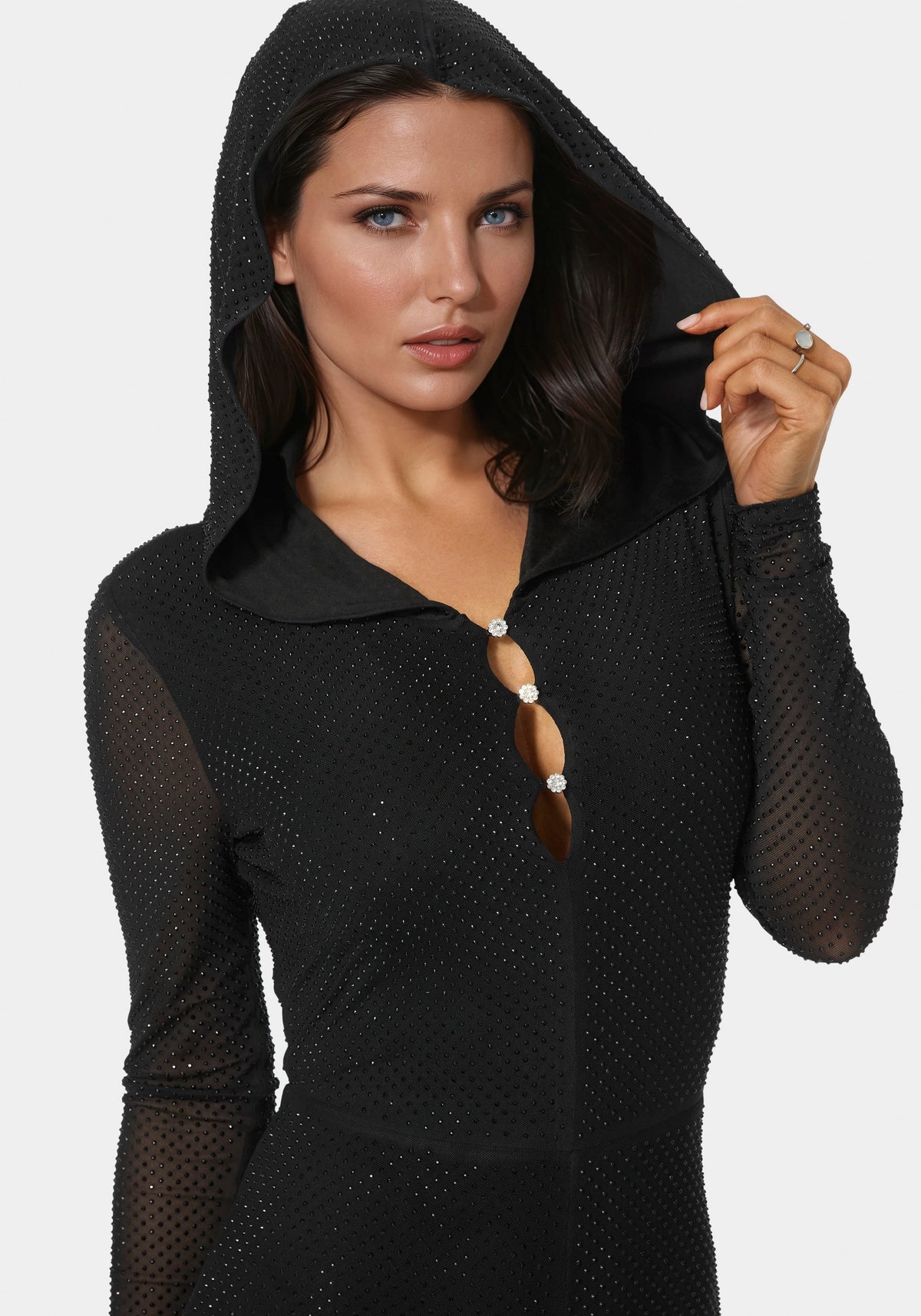 Bebe Rhinestone Hooded Catsuit