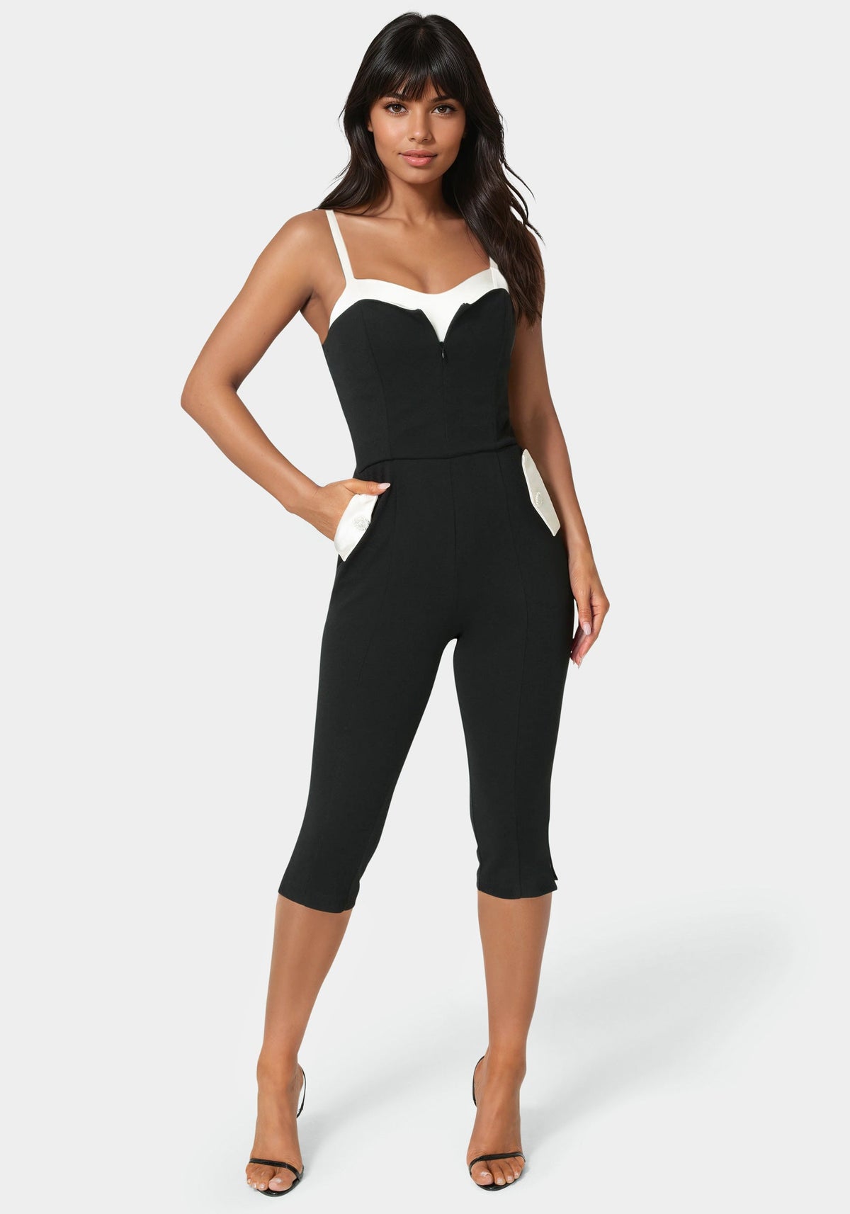 Bebe Satin Peek-a-Boo Capri-Leg Jumpsuit