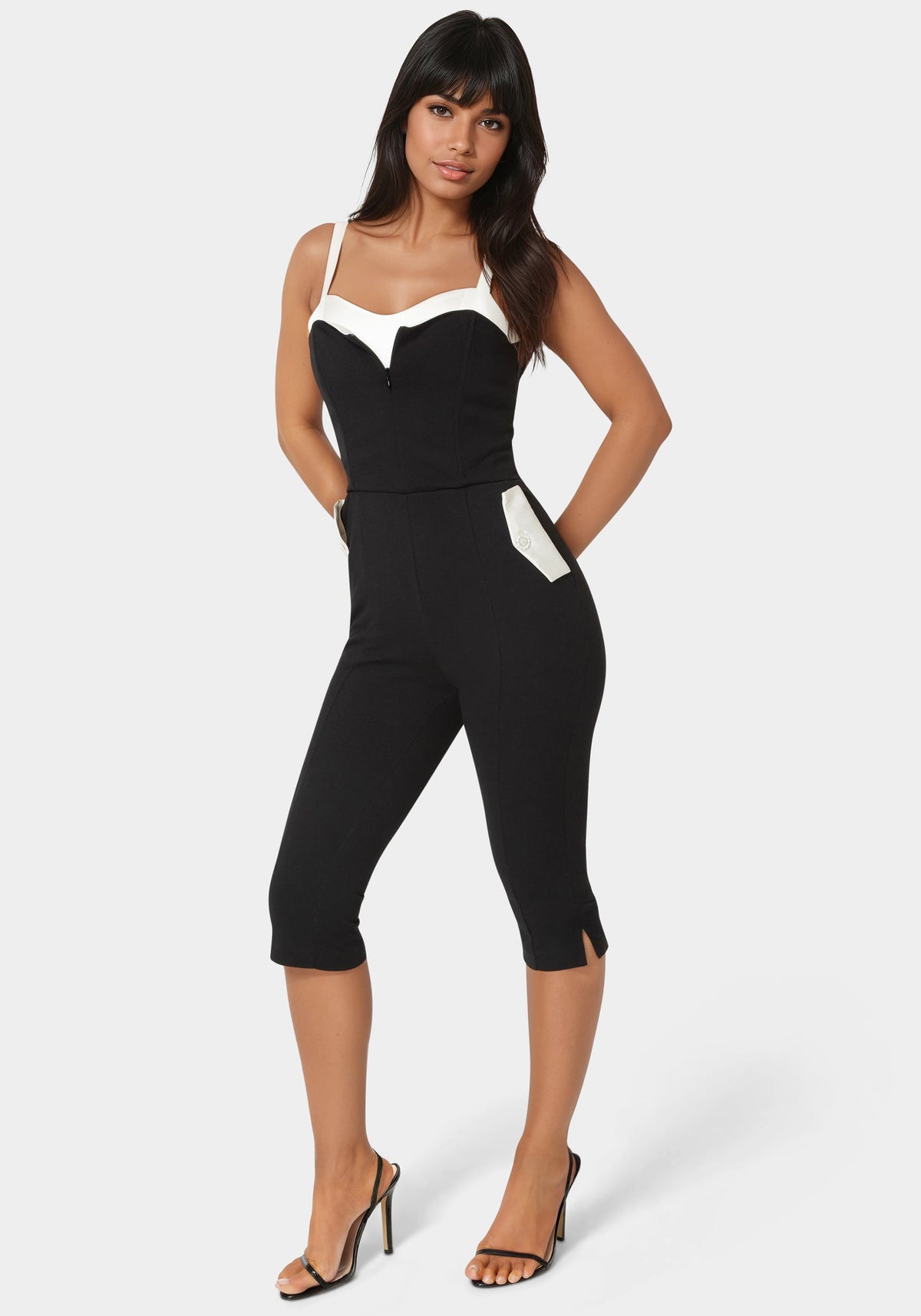 Bebe Satin Peek-a-Boo Capri-Leg Jumpsuit