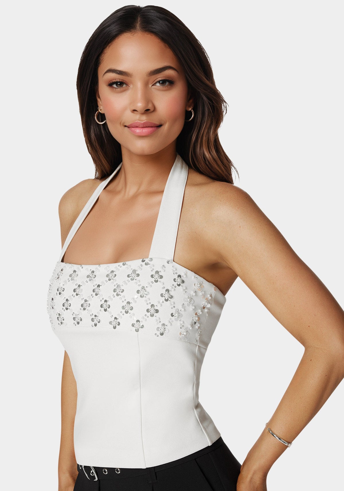 Bebe Halter Neck Bead Sequin Top