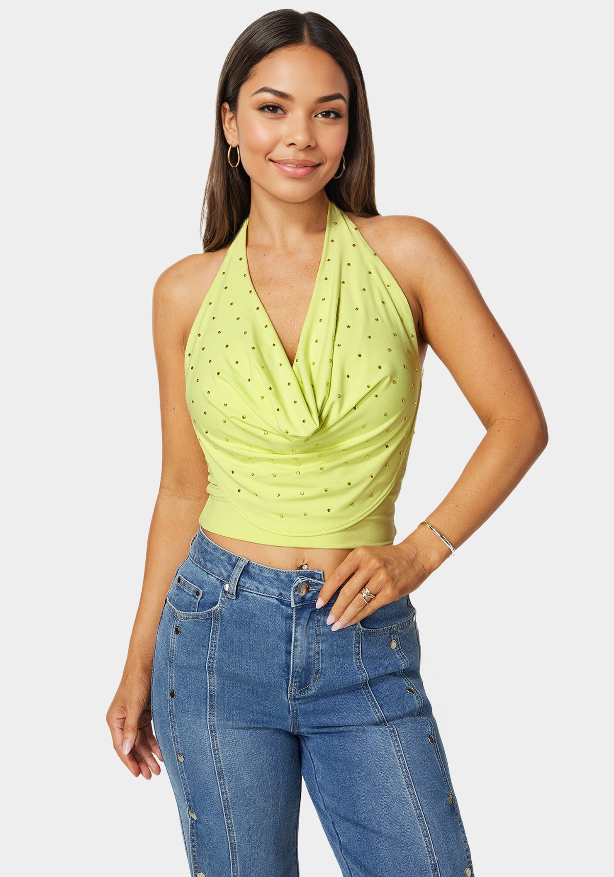 Bebe Halter Drape Embellished Top