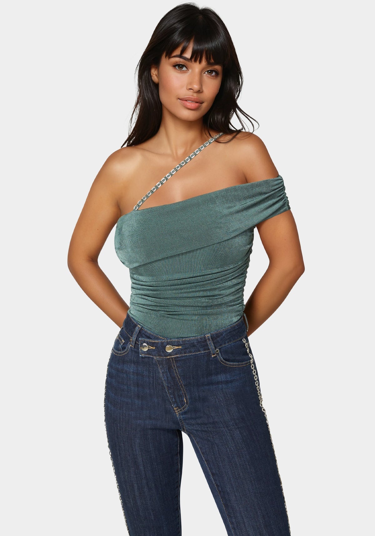 Bebe Embellished One Shoulder Knit Top
