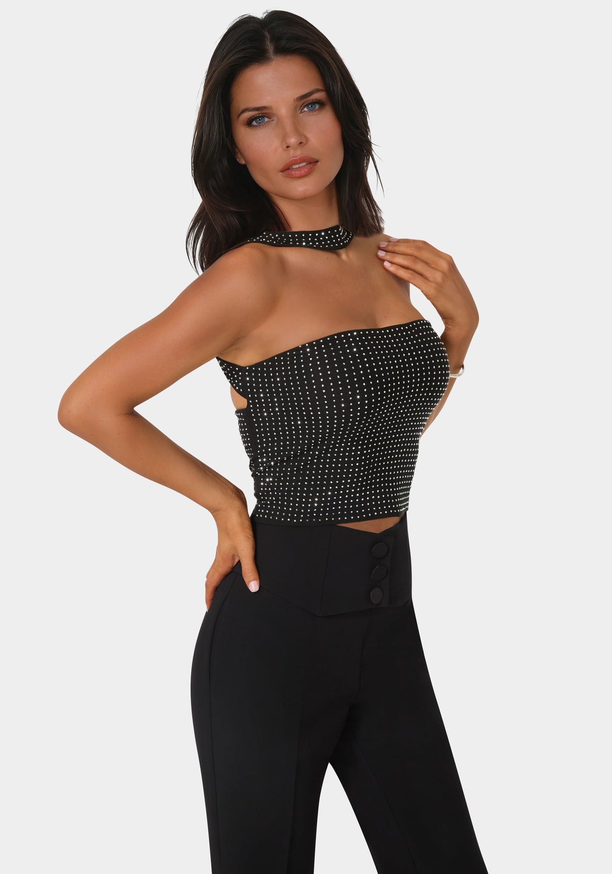 Bebe Rhinestone Mesh Halter Top