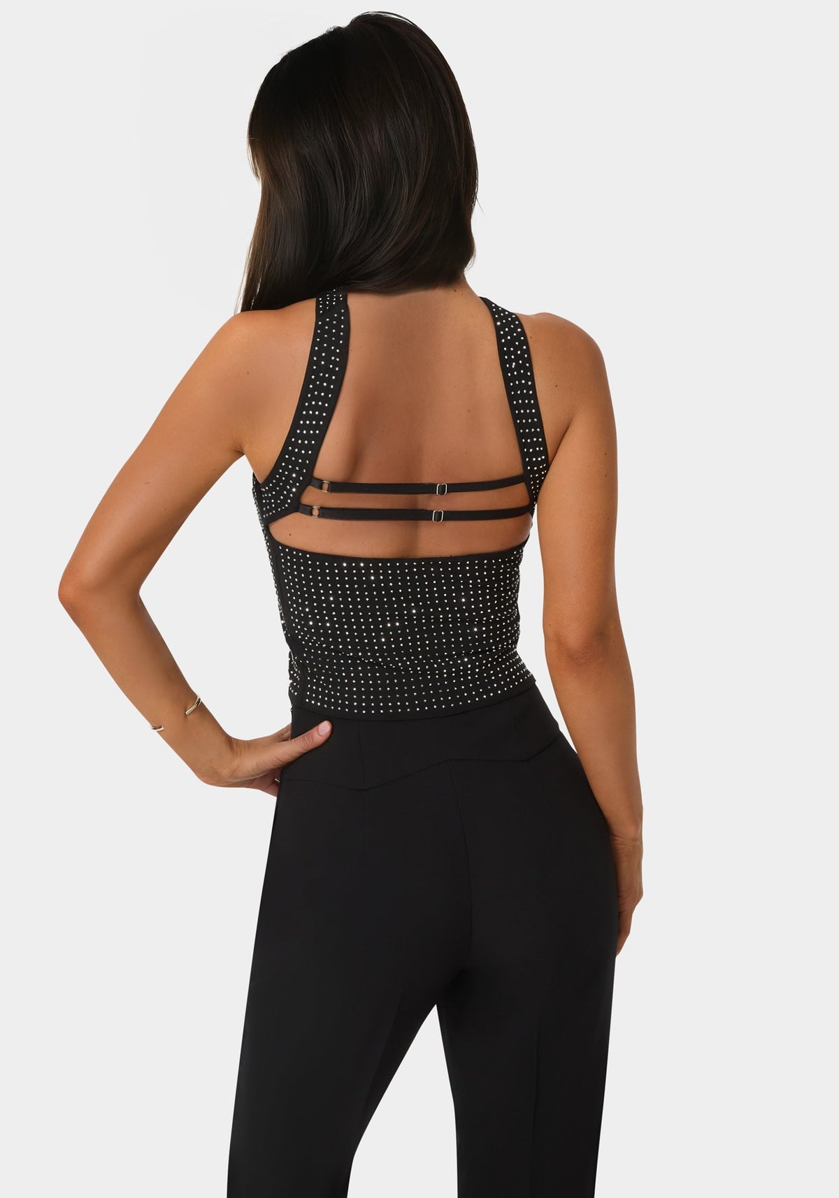 Bebe Rhinestone Mesh Halter Top