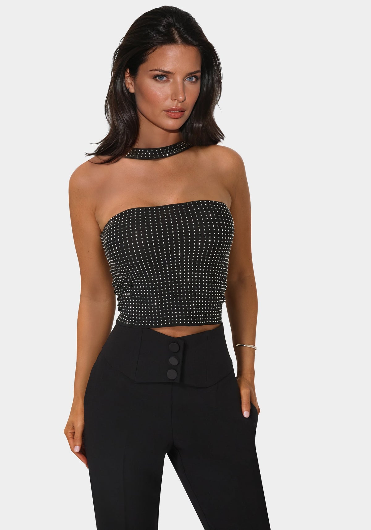 Bebe Rhinestone Mesh Halter Top