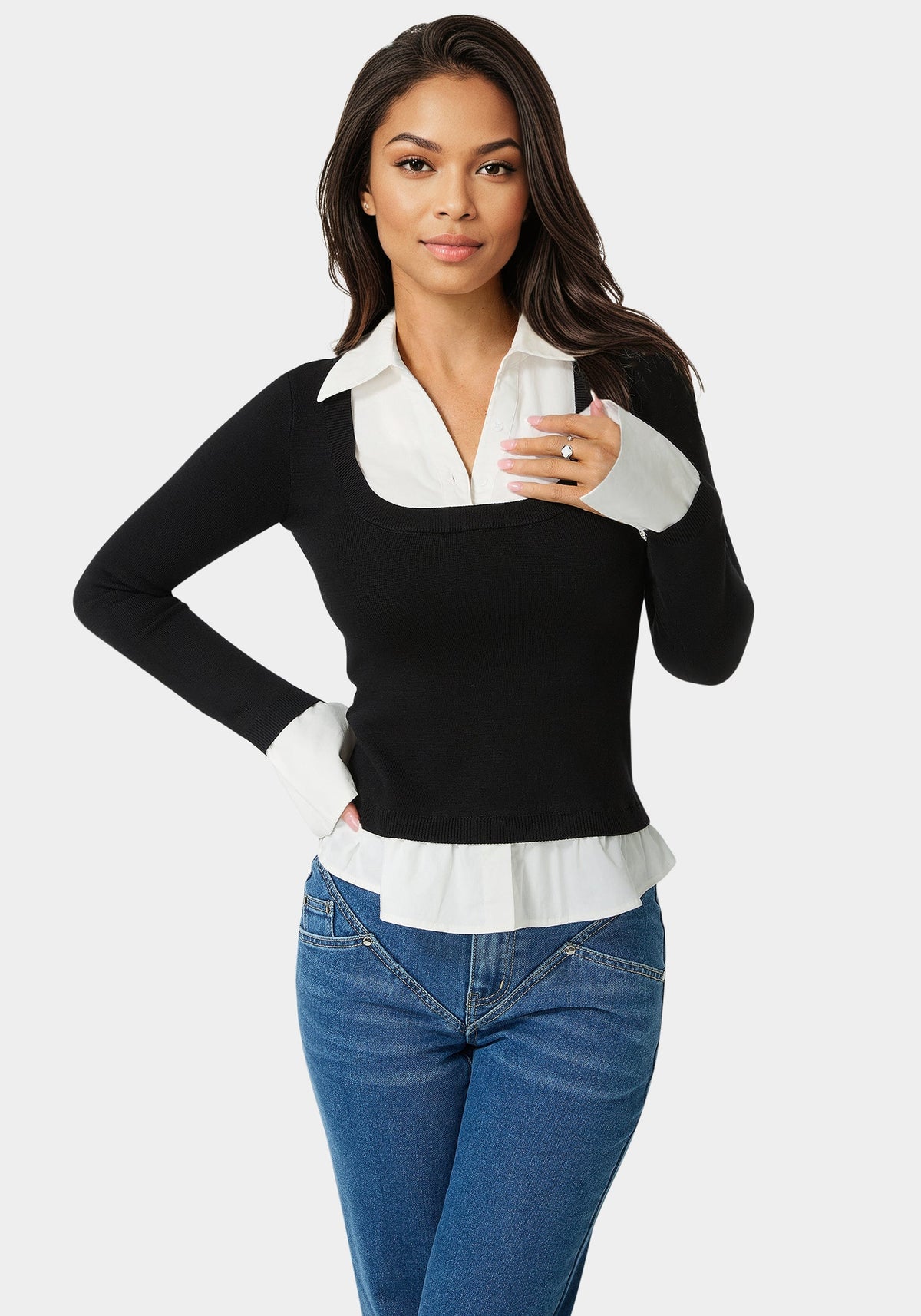 Bebe Poplin Combo Fooler Sweater