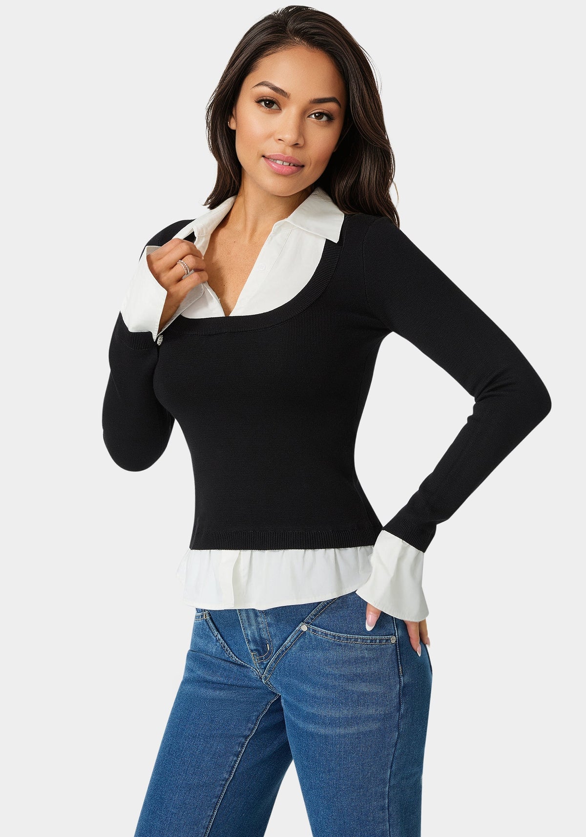 Bebe Poplin Combo Fooler Sweater
