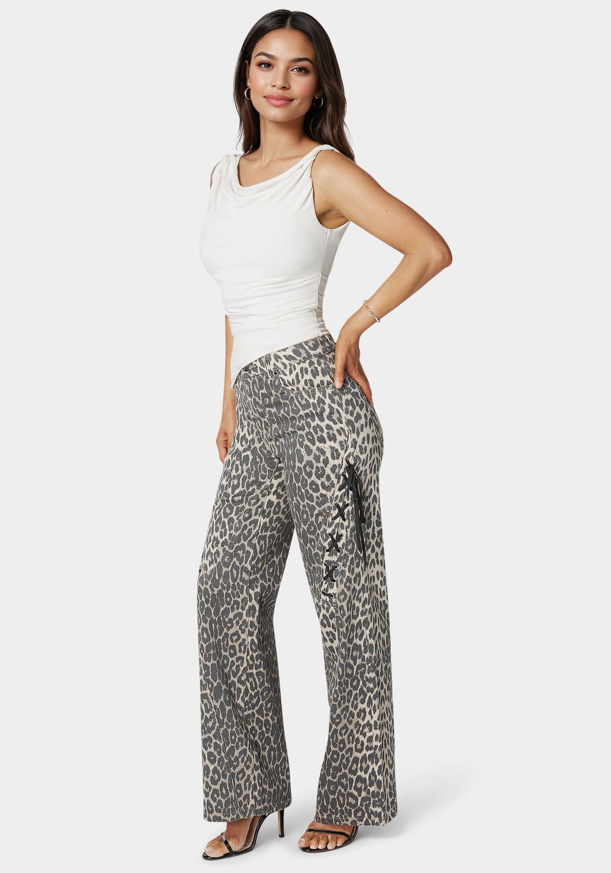 Bebe High-Waist Cheetah Print Wide-Leg Jeans