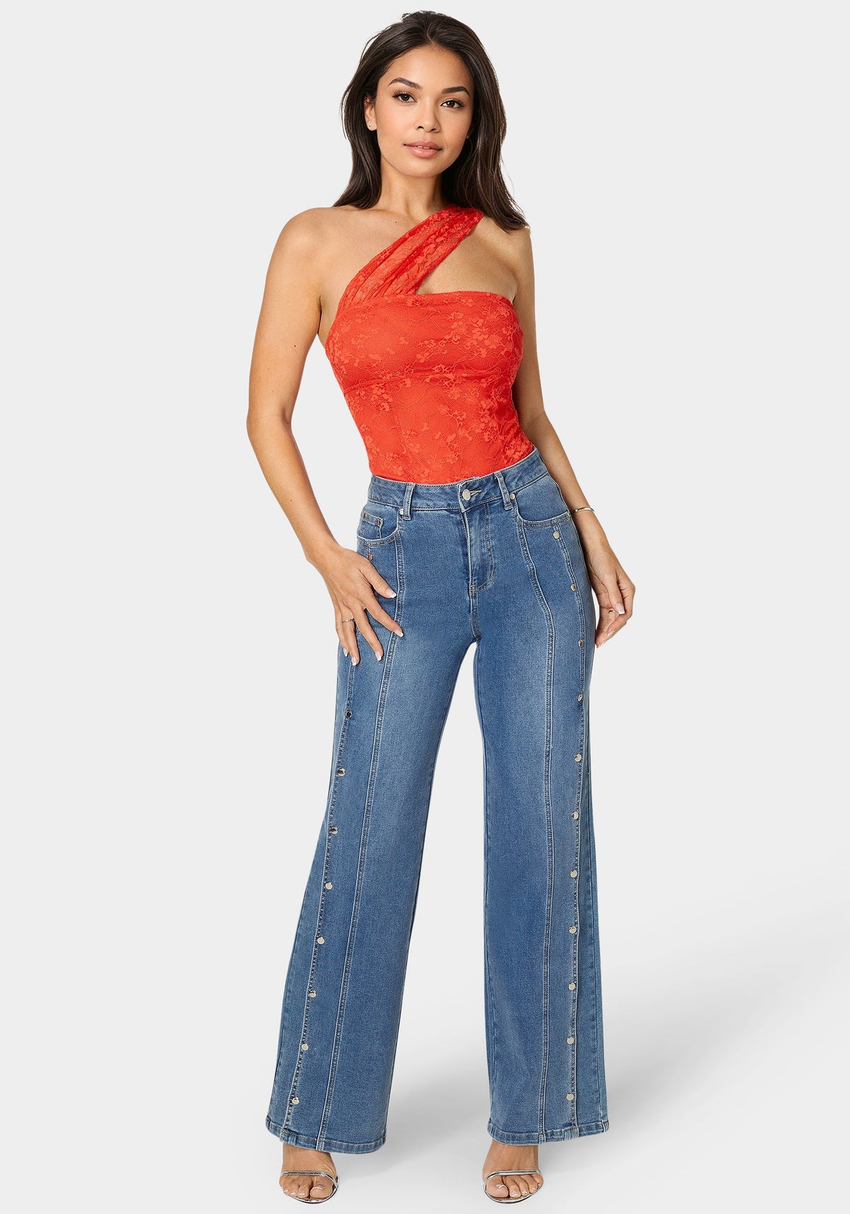 Bebe High-Waist Snap Detail Wide-Leg Jeans