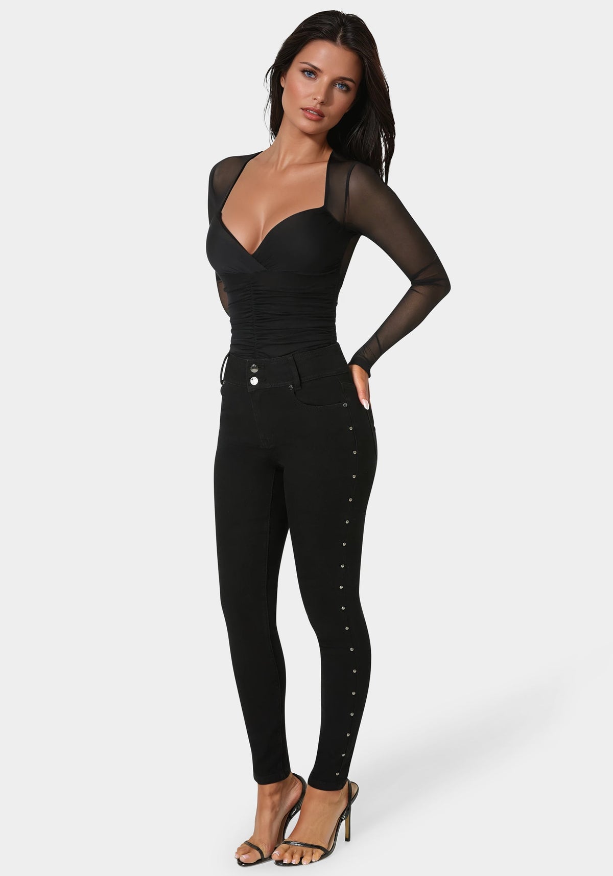Bebe Natural Waist Studded Skinny Leg Jeans