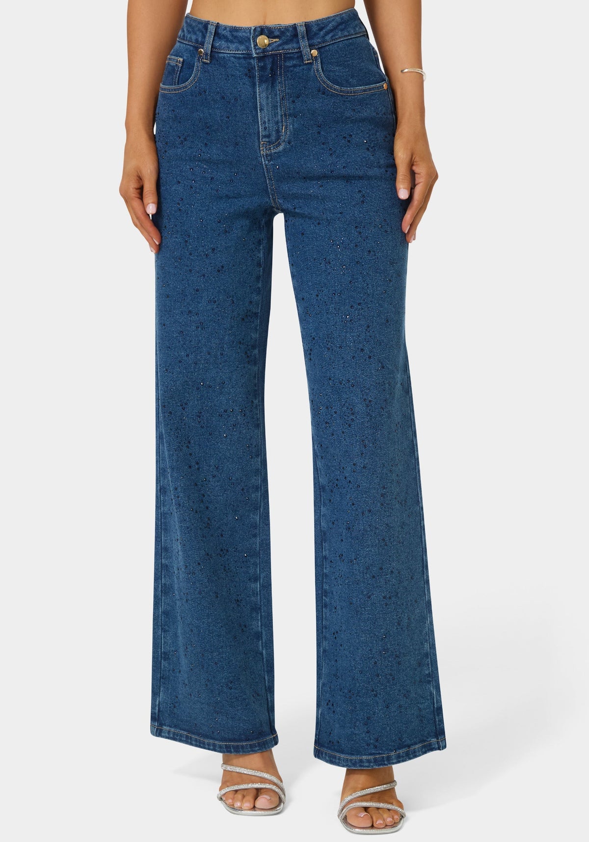 Bebe Natural Waist Rhinestone Wide Leg Jeans