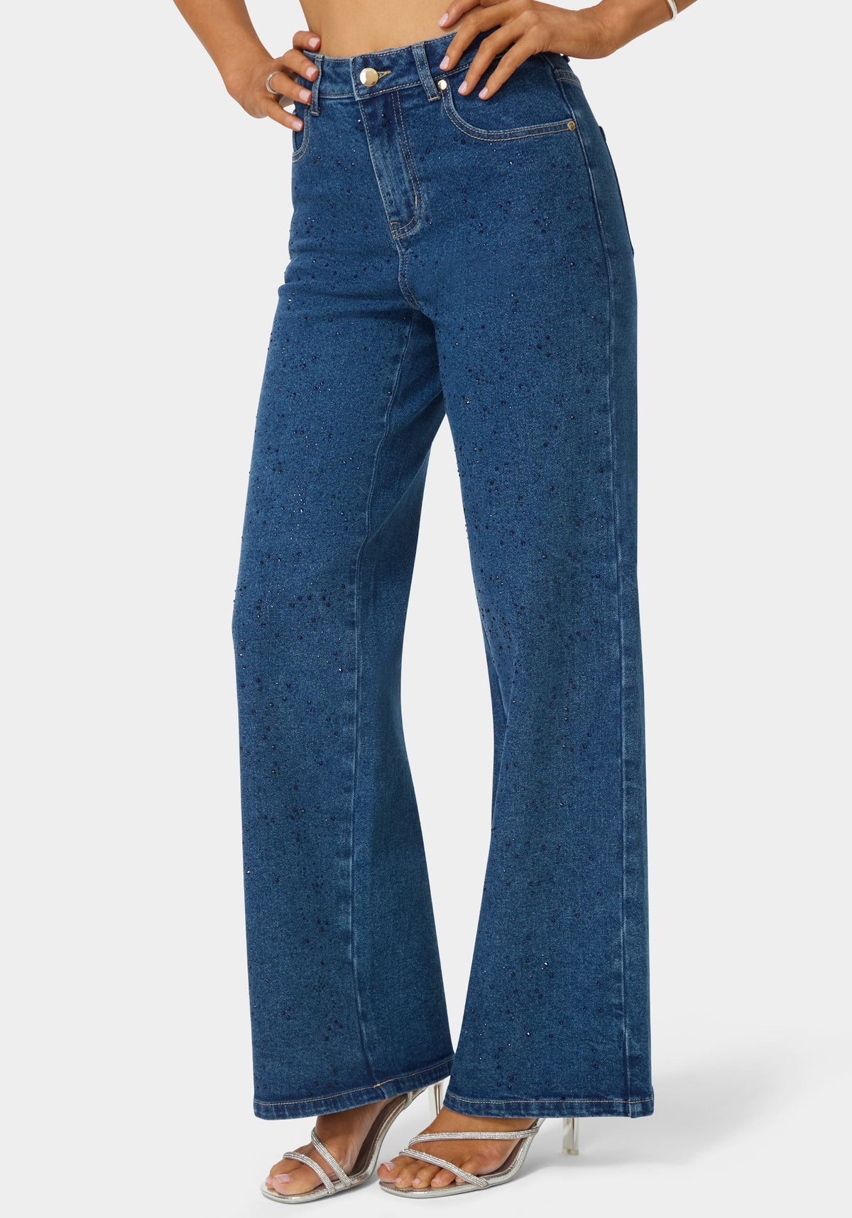 Bebe Natural Waist Rhinestone Wide Leg Jeans